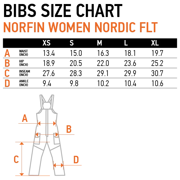 Norfin Women Nordic FLT bibs size chart with waist, hip, inseam, and ankle measurements for accurate fit