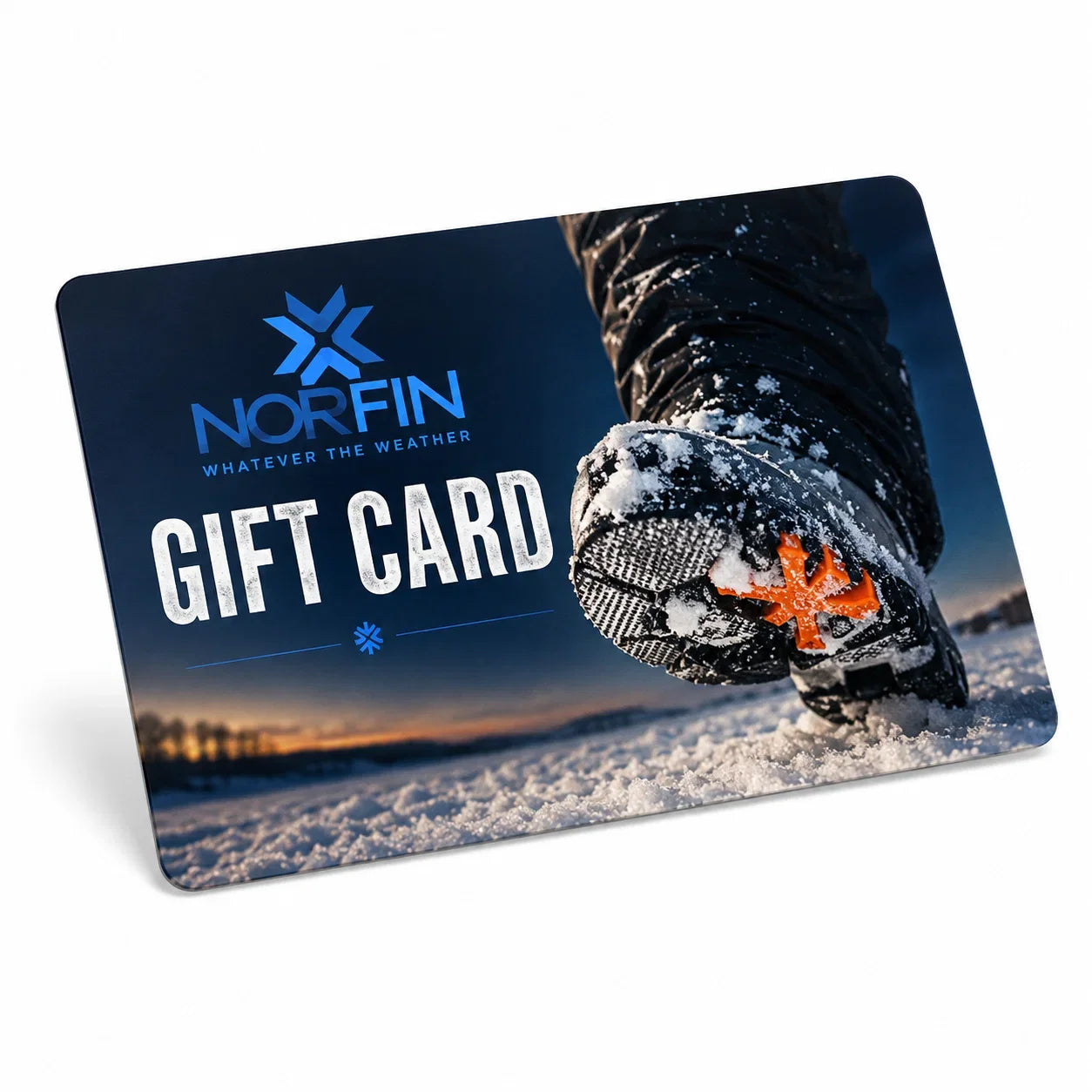 Norfin gift card featuring a close-up of snow-covered ice fishing boots on a winter landscape.