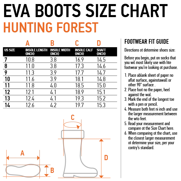 EVA Boots Size Chart for Hunting Forest – Measure insole length, width, calf, and shaft for perfect fit