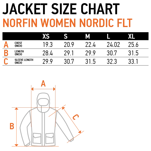 Norfin Women Nordic FLT jacket size chart with chest, length, and sleeve measurements for XS to XL sizes