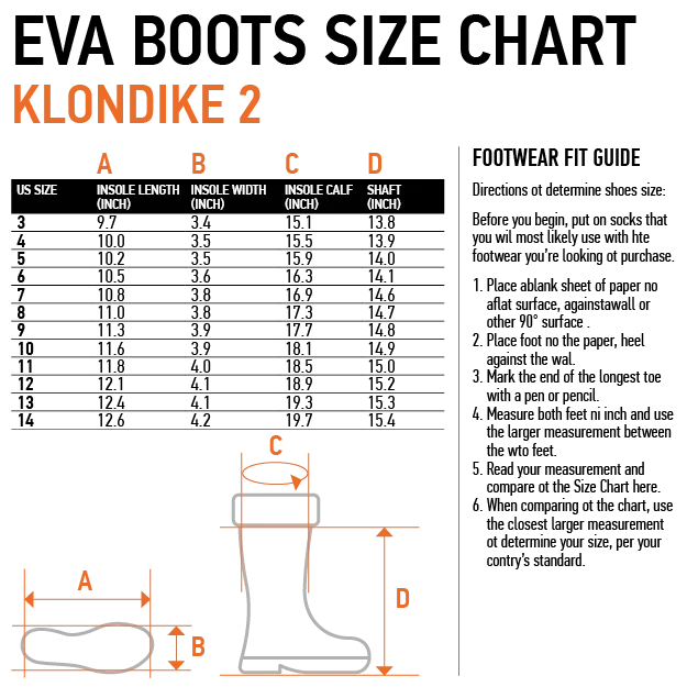 EVA Boots Size Chart for Klondike 2 — Measure insole length, width, calf & shaft for perfect fit