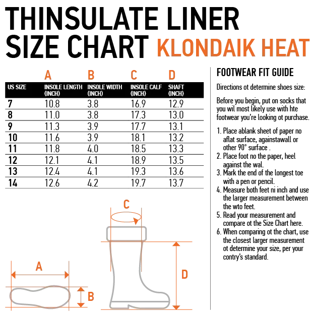 Klondaik Heat boot size chart with Thinsulate liner measurements and fit guide for proper sizing