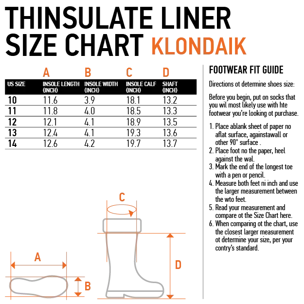 Thinsulate liner size chart for Klondaik boots with fit guide and measurements