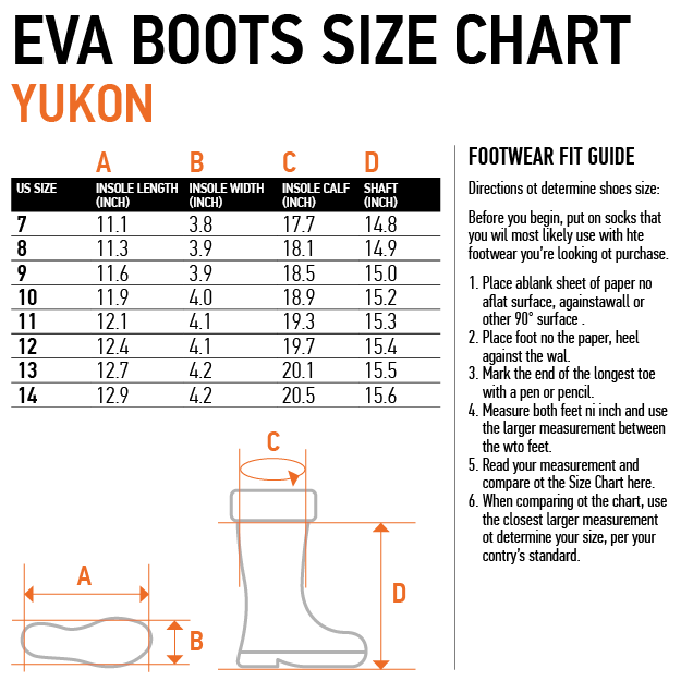 Yukon EVA boots size chart with fit guide for proper sizing and measurement