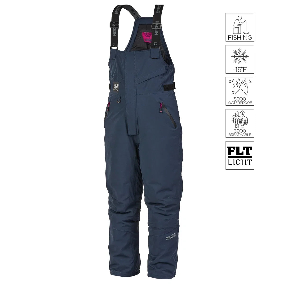 Navy blue waterproof ice fishing bibs with FLТ Light tech, -15°F rated, breathable & durable for winter outdoor use