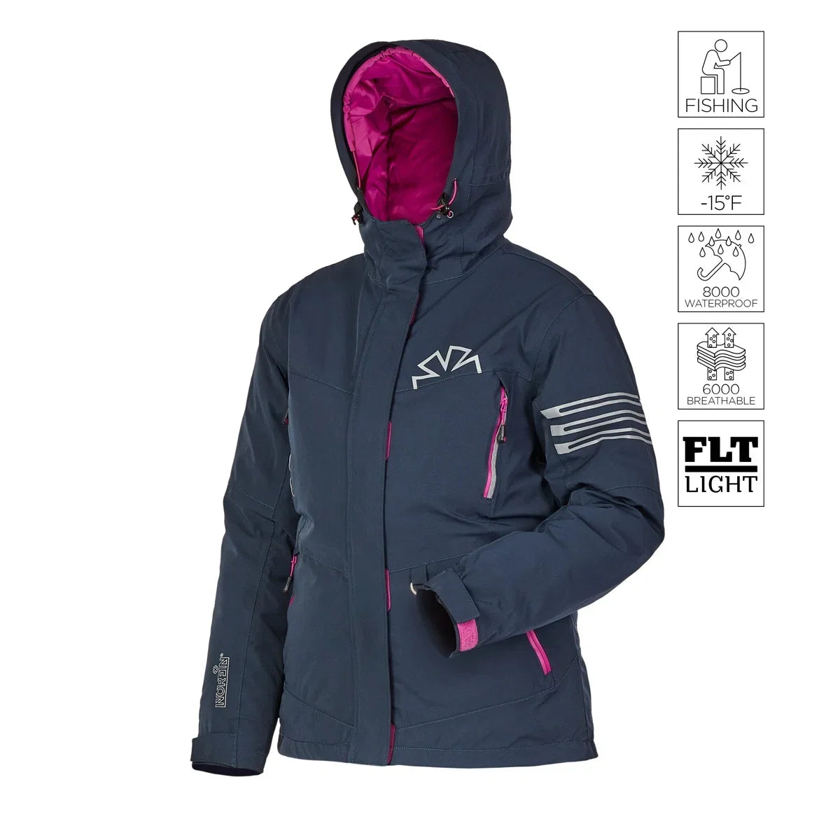 Women's navy blue waterproof fishing jacket with pink accents, -15°F rated, breathable, FLT Light tech
