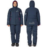 Women's navy blue waterproof ice fishing suit with pink accents, hooded jacket and pants, front and back view