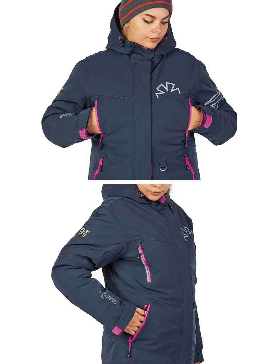 Women's navy blue waterproof jacket with pink zippers, hooded for outdoor adventures