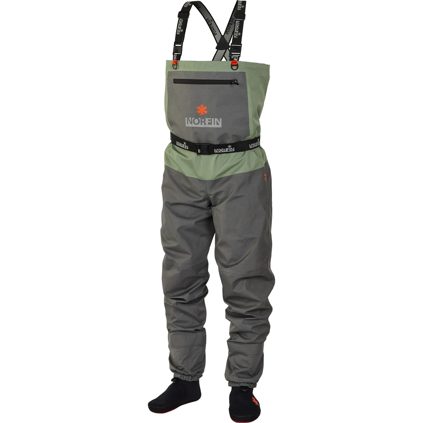 Gray and green waterproof waders with adjustable straps for ice fishing or outdoor adventures