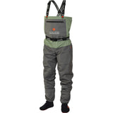 Gray and green waterproof waders with adjustable straps for ice fishing or outdoor adventures