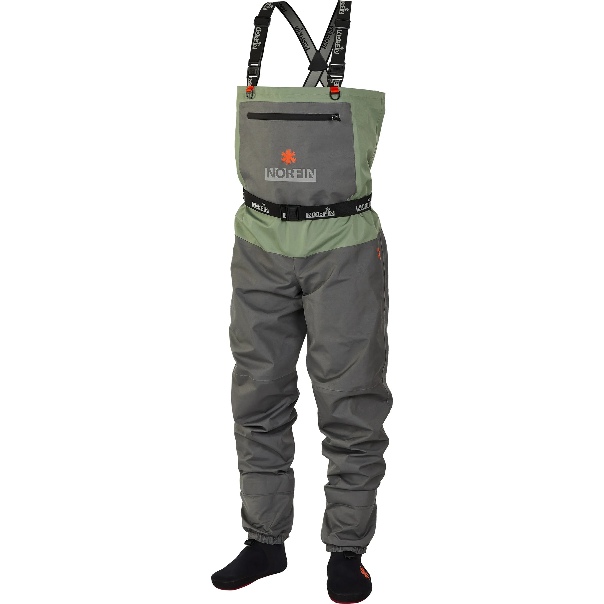 Gray and green waterproof waders with adjustable straps for ice fishing or outdoor adventures
