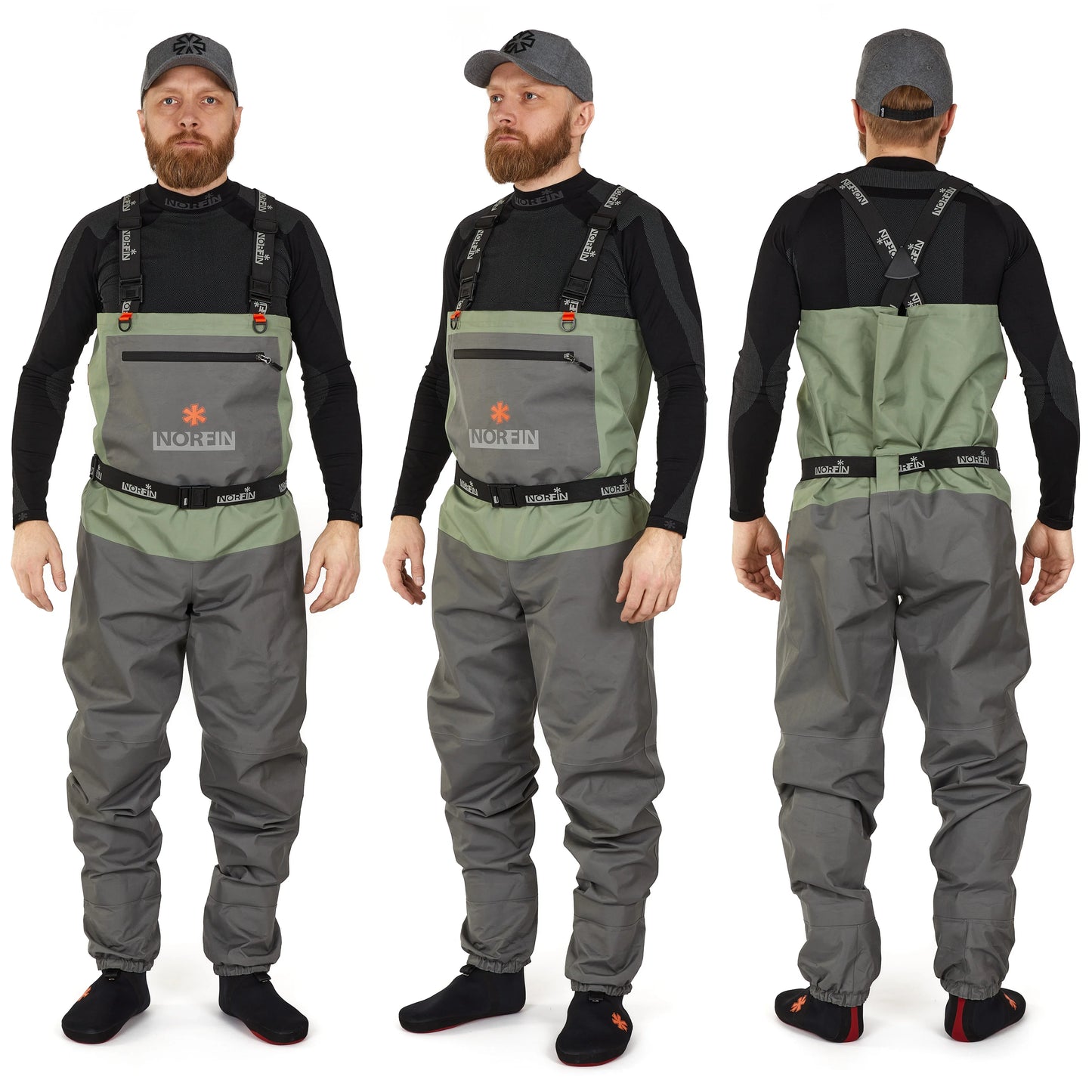 Men's waterproof waders with chest pocket, adjustable straps, and durable design for fishing or outdoor use.