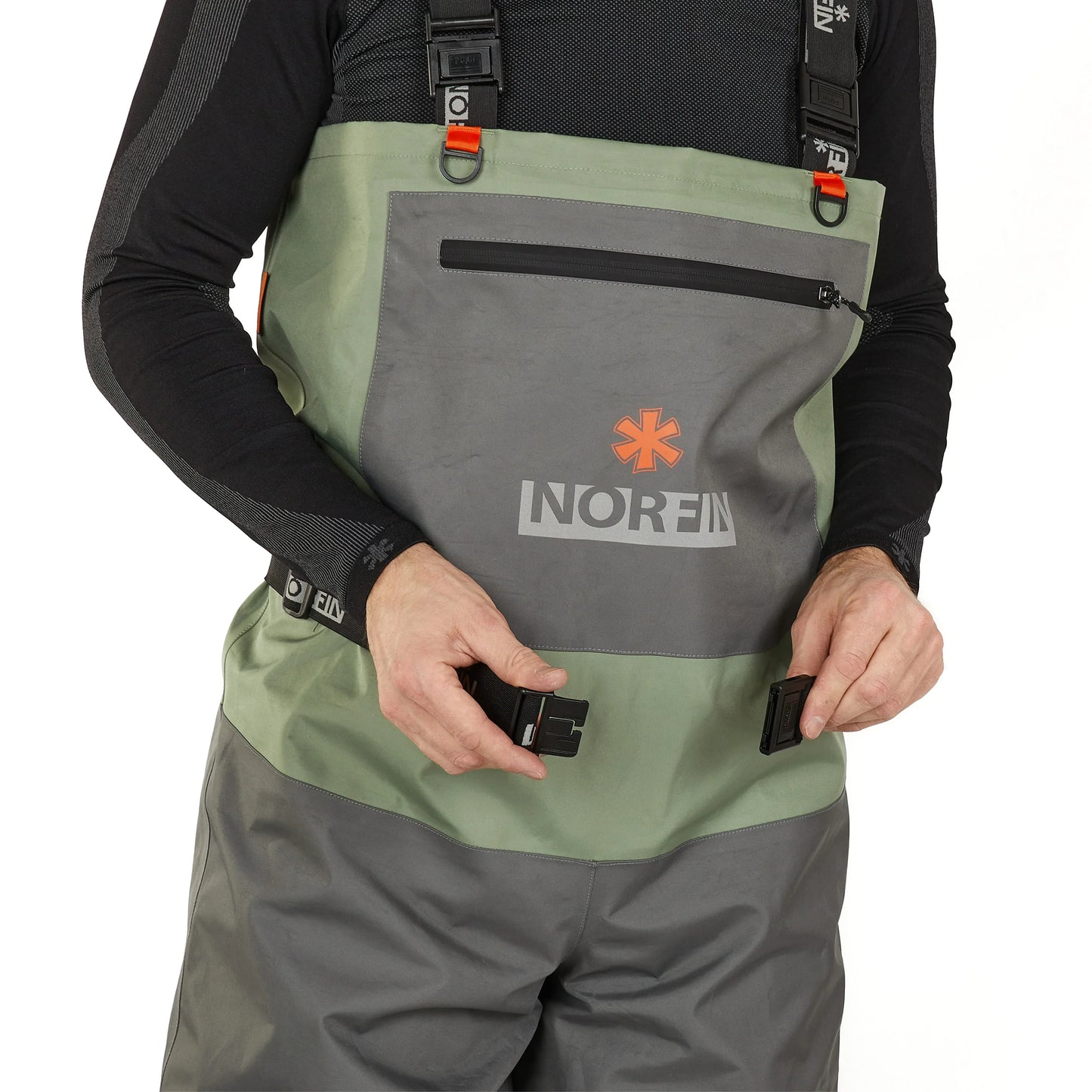 Green and gray waterproof waders with adjustable straps and front pocket for outdoor fishing adventures